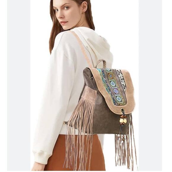 BOHEMIAN FAUX LEATHER & TASSELS BEADED BACKPACK - Picture 3 of 8